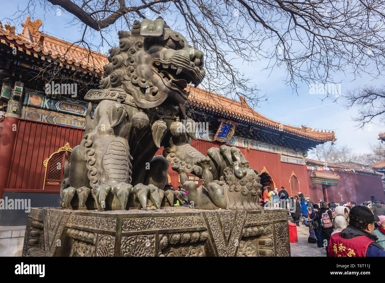 Weibliche Wächter Löwe mit Cub in Yonghe Tempel namens auch Lama Tempel der Gelug-schule des tibetischen Buddhismus in Dongcheng District, Beijing, China Stockfoto