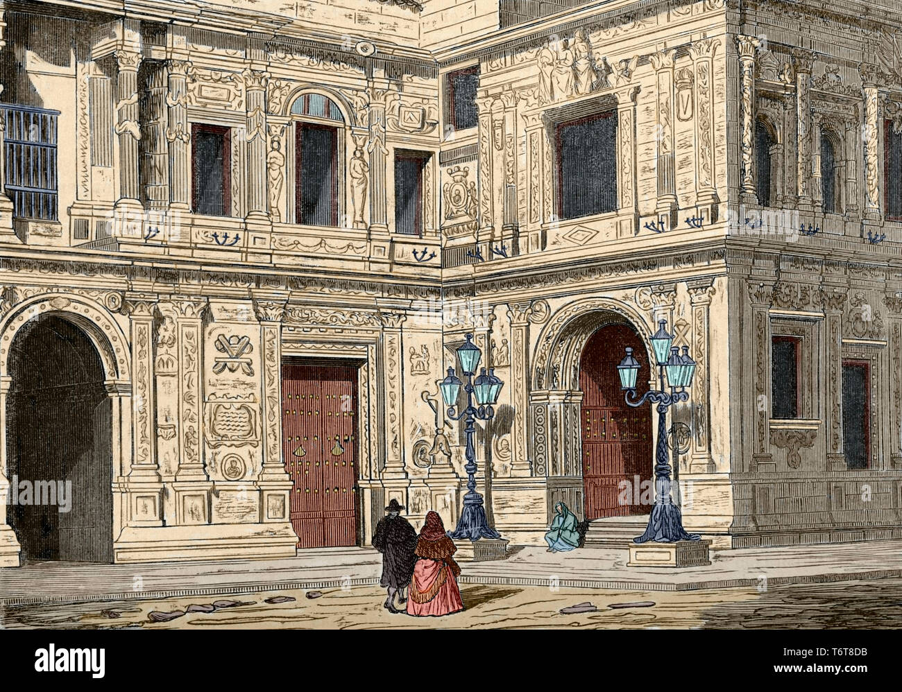 Spanien, Andalusien, Sevilla. Rathaus. 16. Jahrhundert. Es wurde im plateresken Stil erbaut. Kupferstich von Soriano. Später Färbung. Cronica de España, Historia y Ilustrada Descriptiva de Sus Provincias. Andalusien, 1867. Stockfoto