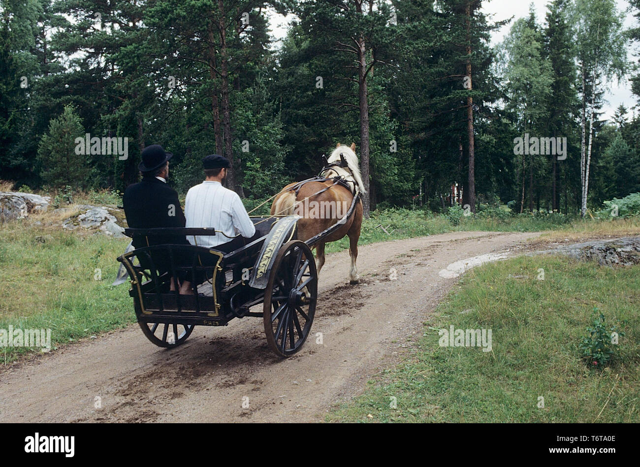 Pferd und Wagen. Zwei Männer fahren in einem antiken Wagen hinter einem Pferd. Schweden Stockfoto