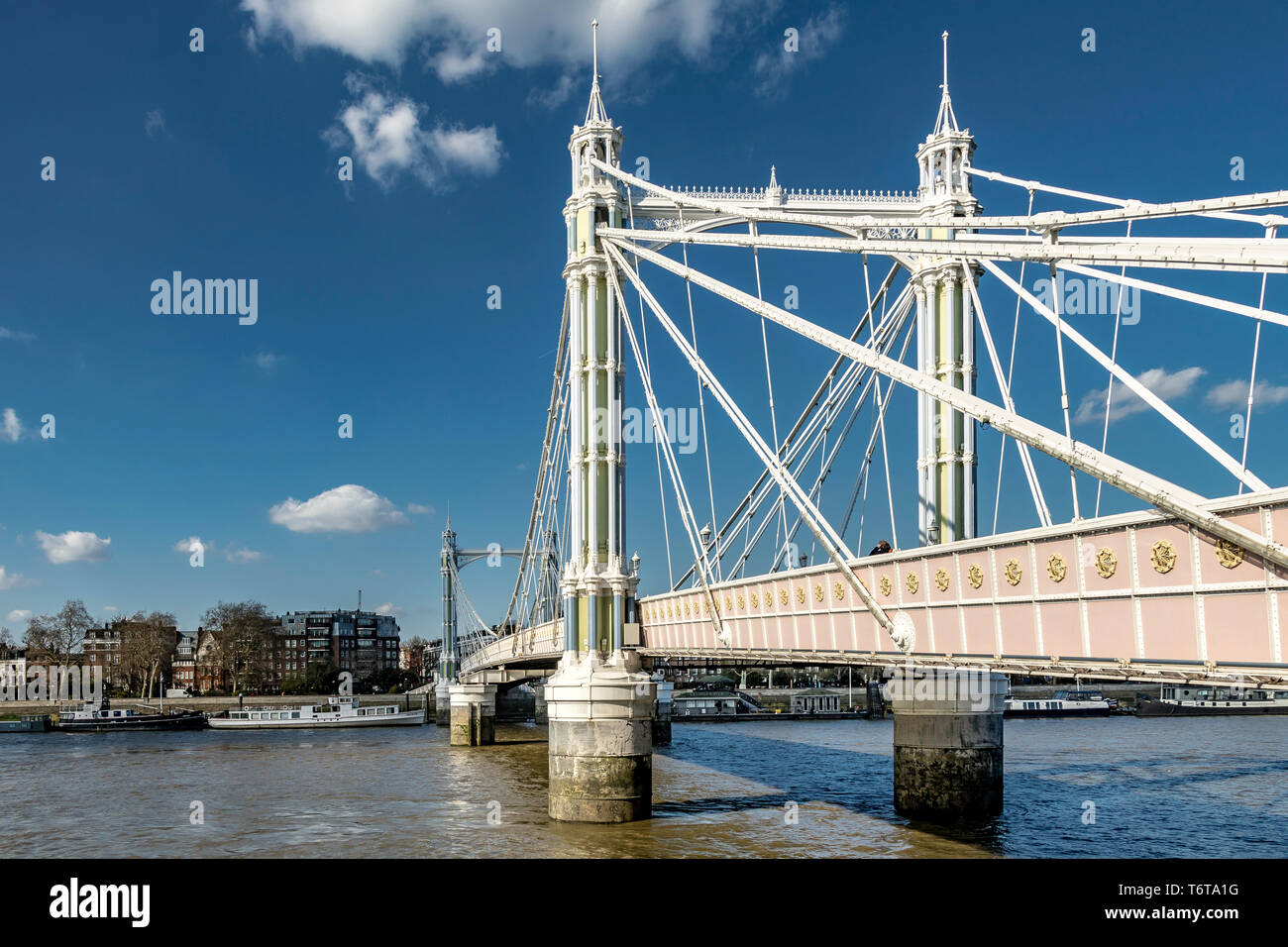 Die 1873 erbaute Albert Bridge, die Chelsea auf der Nordseite der Themse mit Battersea auf der Südseite, London, Großbritannien, verbindet Stockfoto