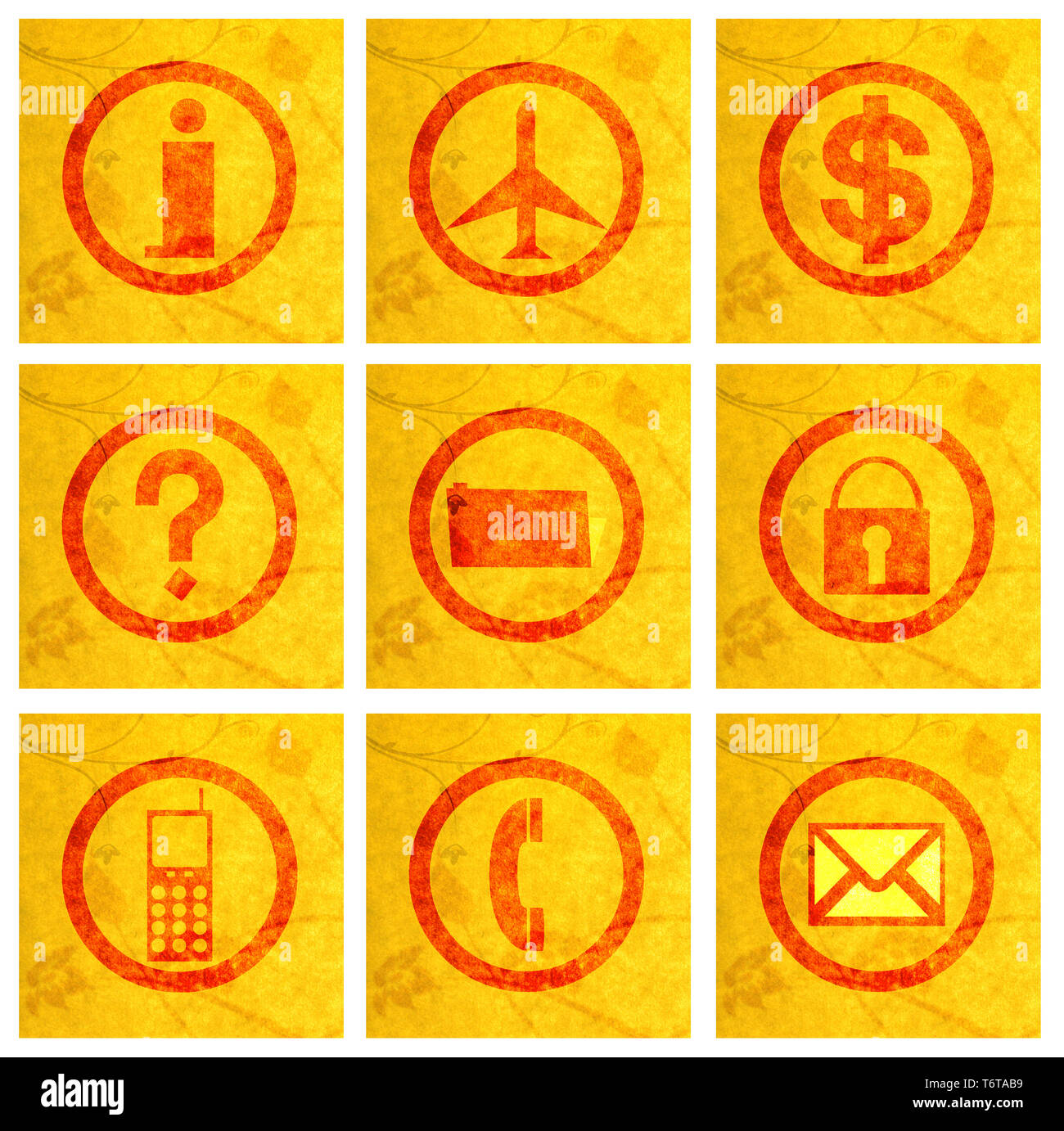 Business Icon Designs auf Papier Textur mit Blumenornamenten Stockfoto