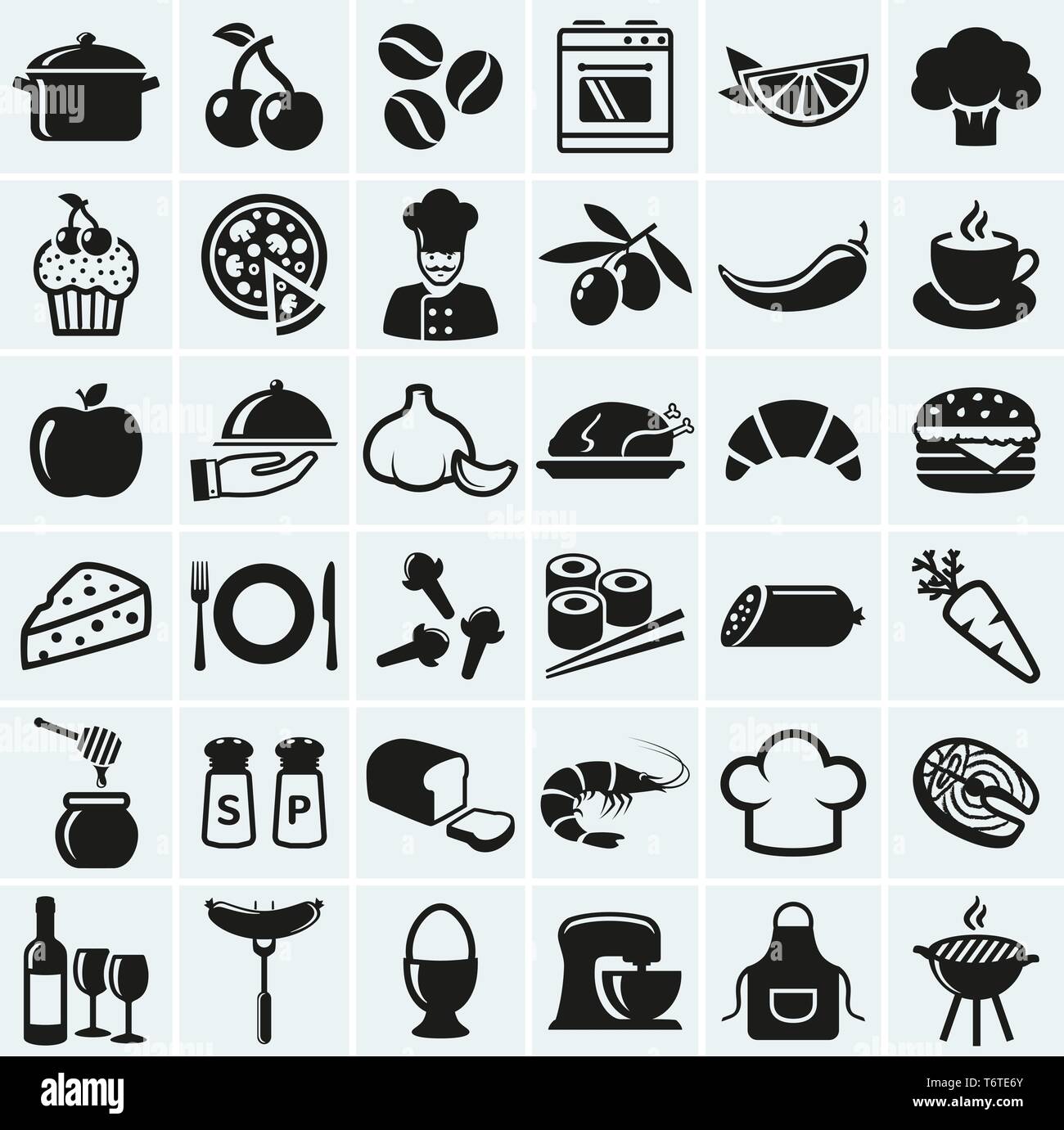 Essen und Kochen Web Icons. Einstellen der schwarzen Symbole für einen kulinarischen Motto. Gesundes und ungesundes Essen, Obst und Gemüse, Gewürze, Kochutensilien und vieles mehr. Stock Vektor