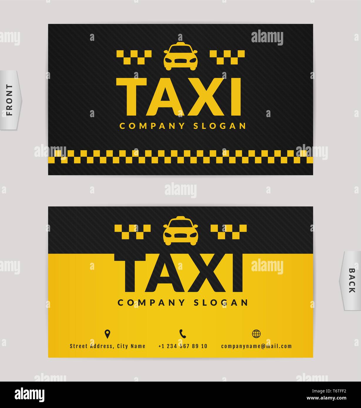 Business Card Design in Schwarz und Gelb. Stilvolle vector Template für Taxiunternehmen. Stock Vektor