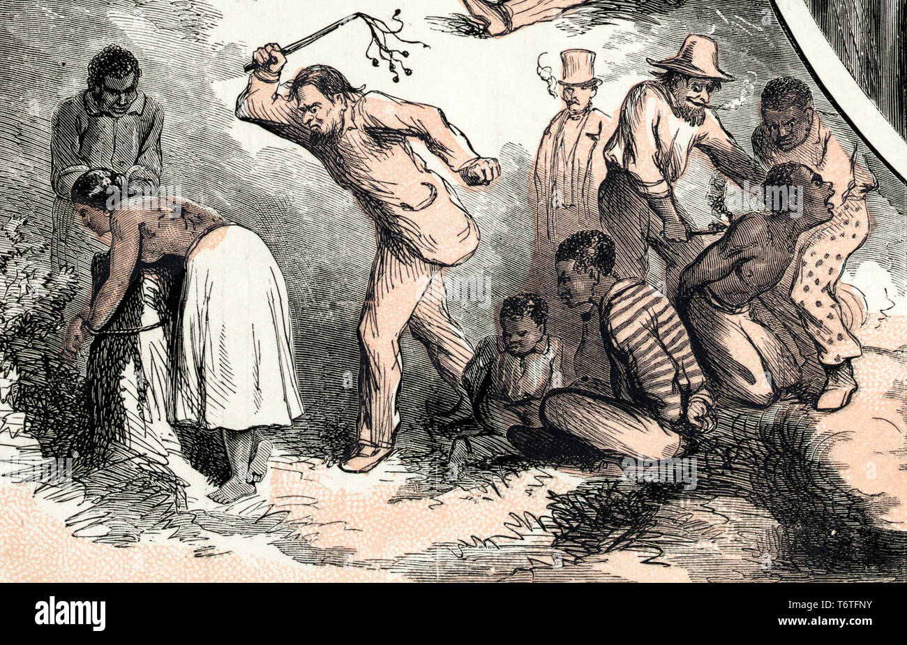 Eine Sklavin wird ausgepeitscht und ein männlicher Sklave gebrandmarkt. Von der Emanzipation, Ende des Sklavenhandels drucken Detail von Thomas Nast (Künstler) & König & Baird (Stecher), 1865 Stockfoto