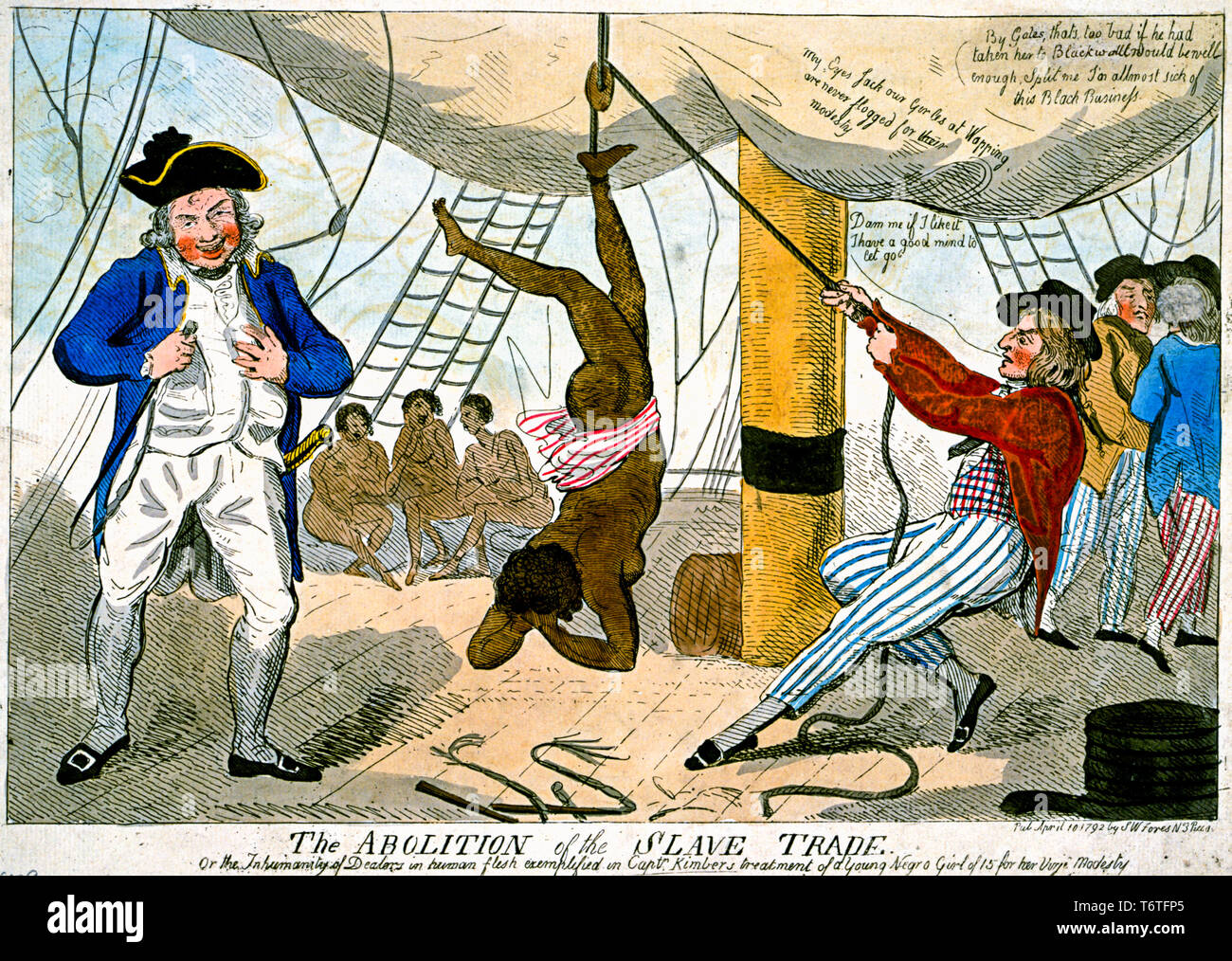 Die Folter auf einem Sklavenschiff beim Transport eines weiblichen Afrikanischen Slave mit einem Sklavenhändler mit dem Titel "Die Abschaffung des Sklavenhandels", Drucken, 1792 - Stockfoto