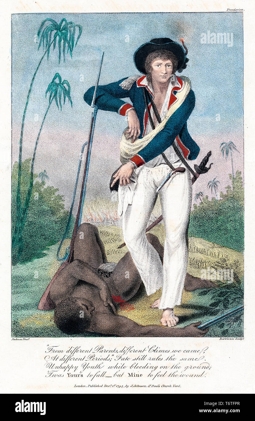 Sklavenhandel eine Sklavenhändler stehen über eine Afrikanische männliche Sklaven, die er gerade geschossen hat und verwundet, handcolorierte Kupferstich, 1796 Stockfoto