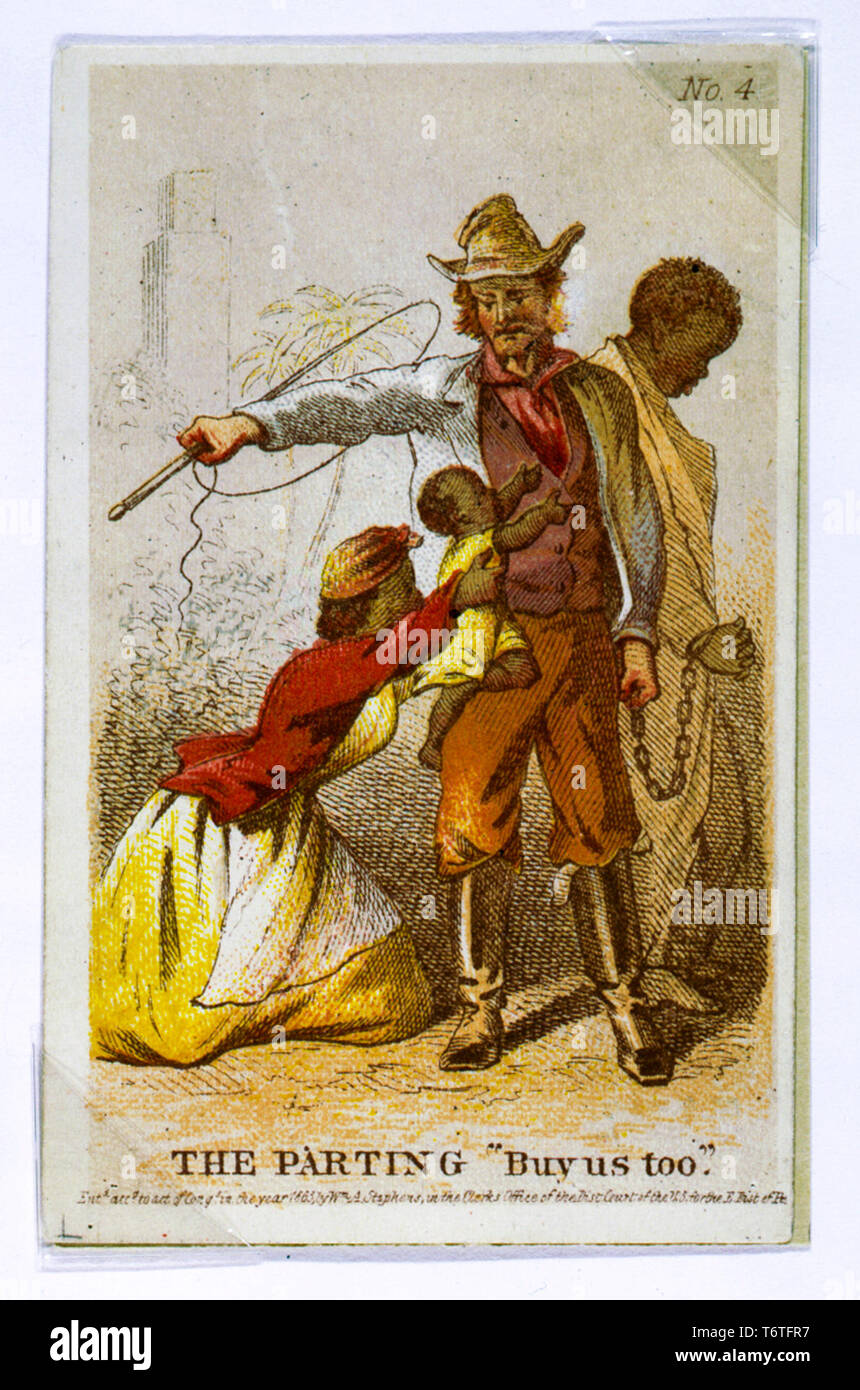Der Abschied, uns zu kaufen, zeigt ein Slave Familie mit männlichen Sklaven von Frau und Kind getrennt werden und am Markt verkauft, Sklavenhandel Gravur/Drucken von Henry Louis Stephens, 1863 Stockfoto