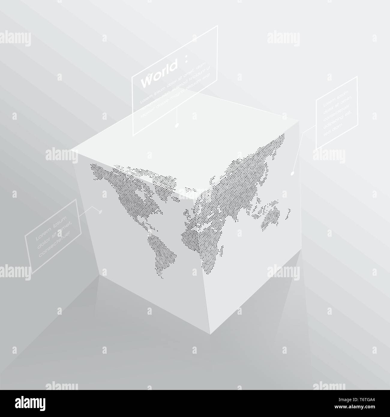 Weltkarte auf 3D-Würfel, monochrome kubische Kugel, mit Etiketten. Vector Illustration Vorlage für Bildung, Wissenschaft, Business Konzepte, Web Präsentationen. Stock Vektor
