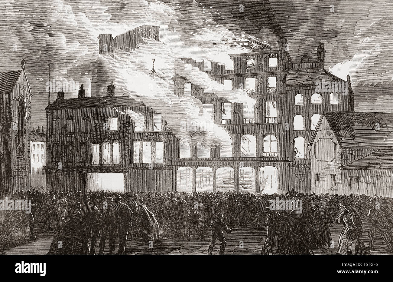 Zerstörung durch Feuer von Compton House, Church Street, Liverpool, England im Jahre 1865. Von der Illustrated London News, veröffentlicht 1865. Stockfoto