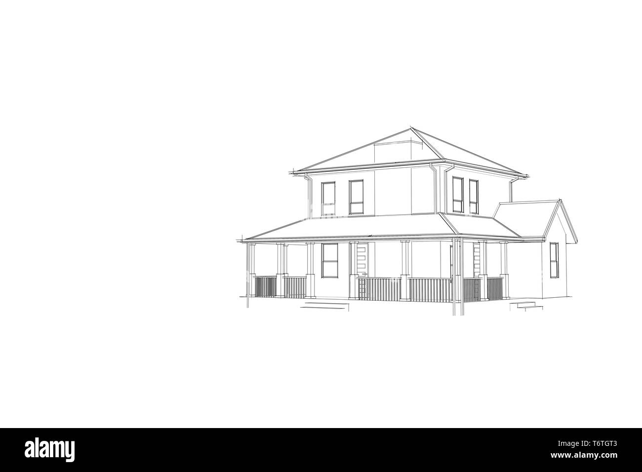 Home Design Architektur Blueprint: 3D-Drahtmodell Externe Ansicht - Weit Stockfoto