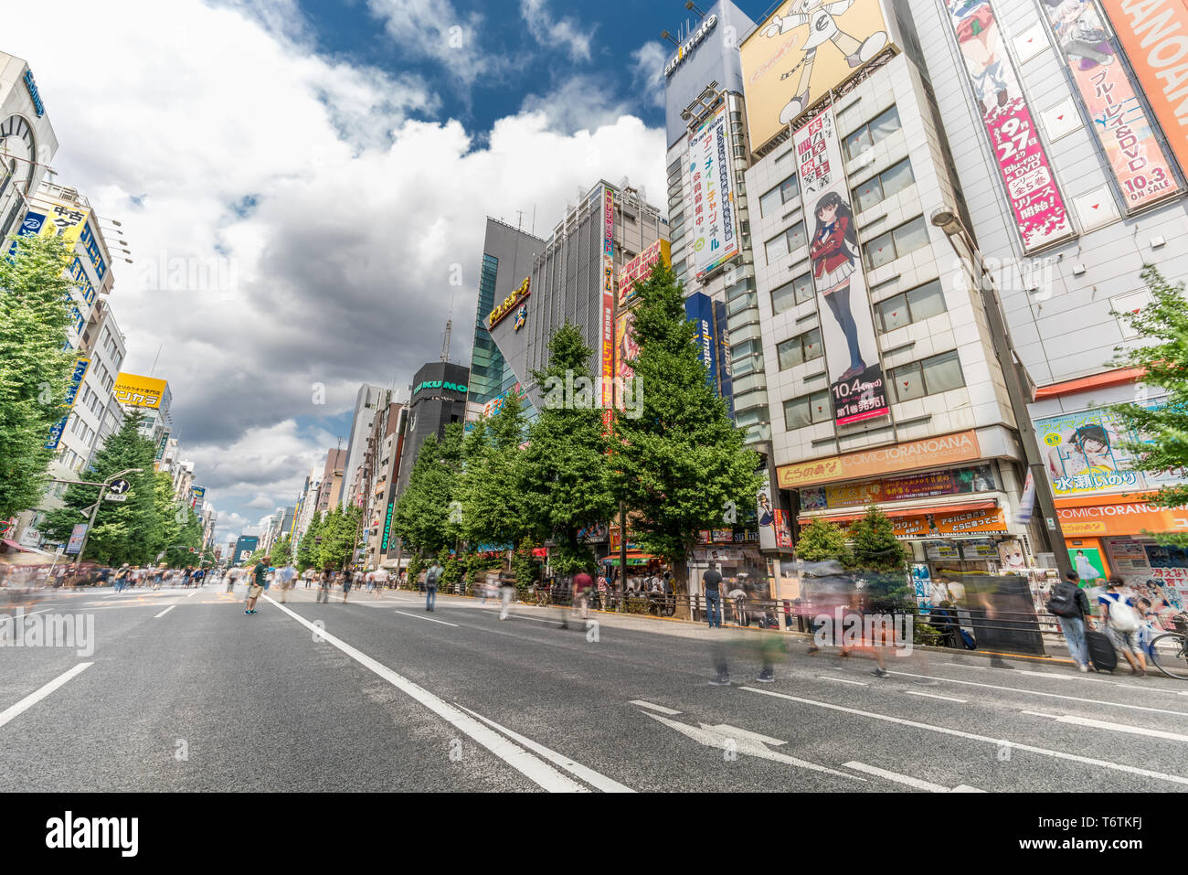 Bewegung verwischt Menschen zu Fuß entlang der Geschäfte und bunten Reklametafeln Werbung Akihabara Electric Town. Tokio, Japan Stockfoto