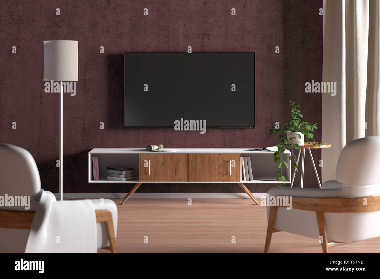 TV-Bildschirm auf die rote Wand in der modernen Wohnzimmer. 3D ... TV-Bildschirm auf die rote Wand in der modernen Wohnzimmer. 3D ...