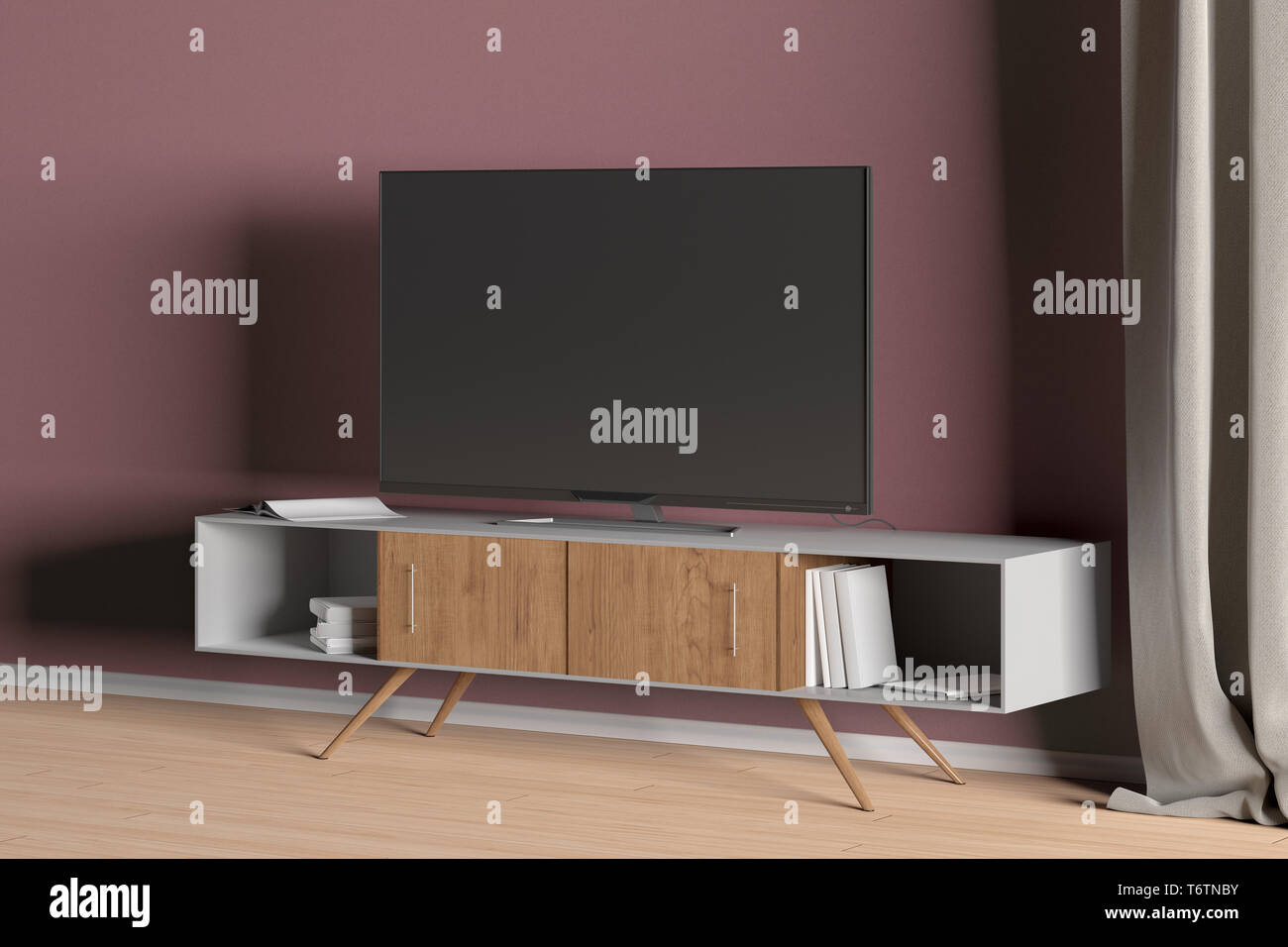 Tv Auf Dem Schrank In Der Modernen Wohnzimmer Auf Rote Wand Hintergrund 3d Darstellung Stockfotografie Alamy