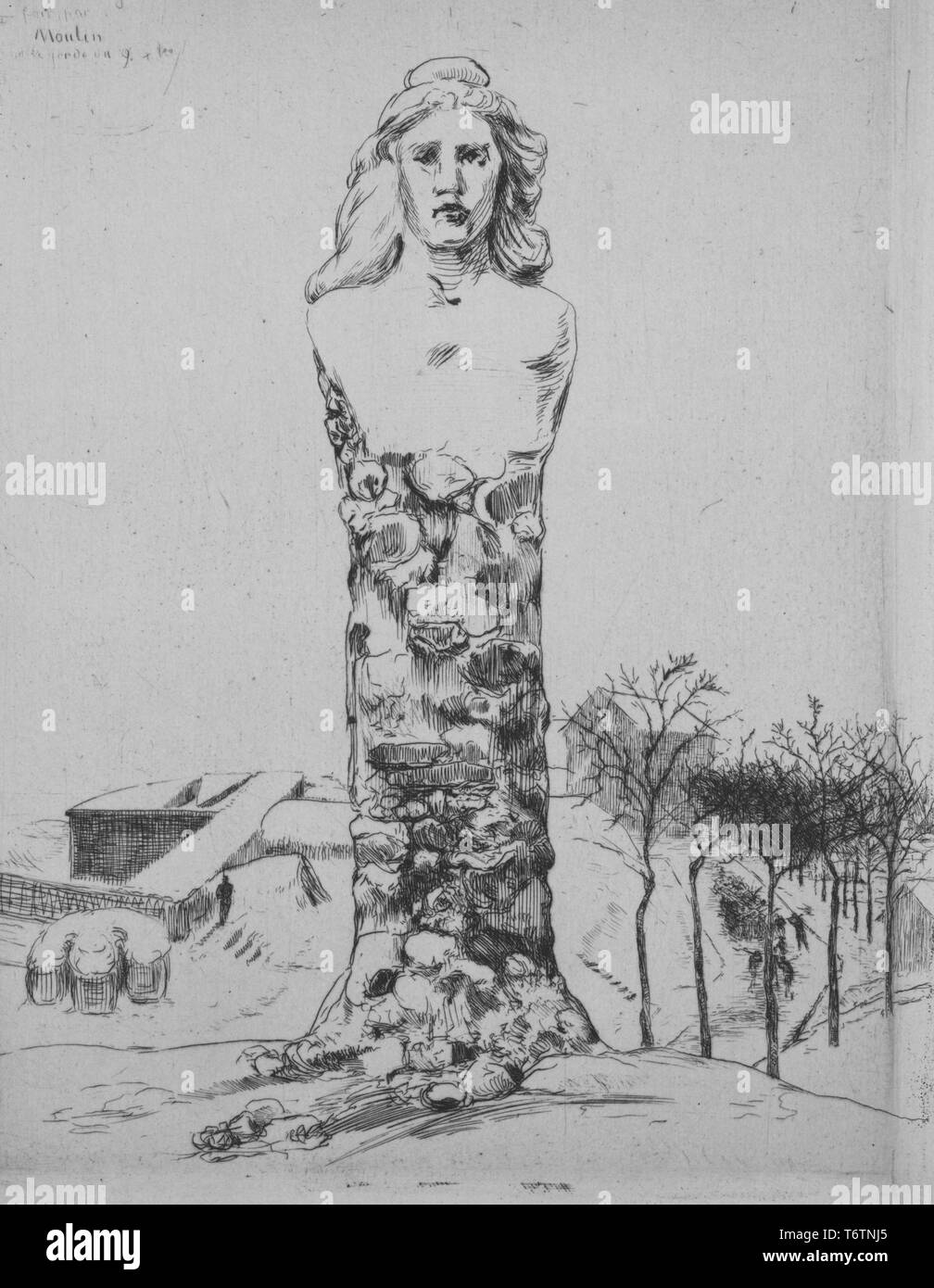 Schwarze und weiße Radierung zeigt eine winterliche Landschaft mit einer Büste der Französischen Republik personifiziert als 'Marianne' (möglicherweise von den knorrigen Baumstamm geschnitzt) im Vordergrund, und mit Befestigungsanlagen im Hintergrund sichtbar; während der Belagerung von Paris geschnitzt; mit dem Titel "Le Buste de la Republique, par Moulin" (die Büste der Republik, von Moulin); nummeriert, vom Illustrator Felix Bracquemond, 1867. Von der New York Public Library. () Stockfoto