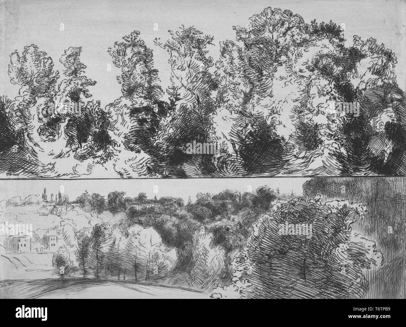 Schwarze und weiße Radierung, in zwei Registern, Darstellung (oben) Ein Blick auf die üppigen Bäume in einer wilden Landschaft und (untere Register) ein üppiger Wald-scape im Vordergrund rechts mit ein paar Gebäude im linken Hintergrund sichtbar; mit dem Titel 'Deux Etudes de Paysage sur la meme Planche" (Zwei Landschaft Studien auf dem gleichen Board); signiert und numeriert, vom Illustrator Felix Bracquemond, 1873. Von der New York Public Library. () Stockfoto