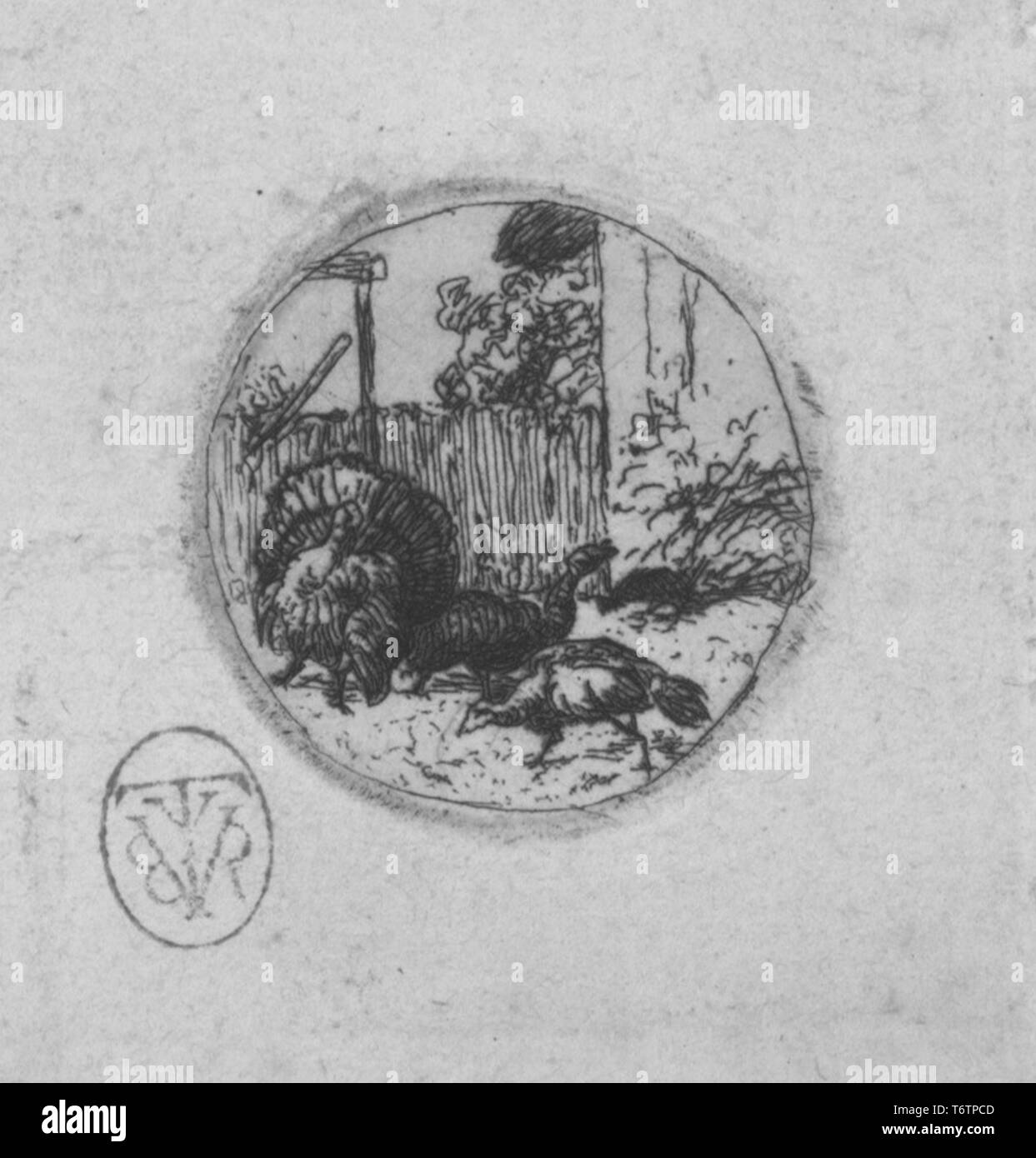 Schwarze und weiße Radierung, in einem Rundschreiben Format, die Truthähne in einen Hof mit einem Gebäude im Hintergrund; mit dem Titel "Un dindon qui fait La Roue..", 1867. (Eine Türkei, der das Rad macht..); nummeriert, mit stilisierten Initialen in Rot an der unteren, linken gestempelt, vom Illustrator Felix Bracquemond. Von der New York Public Library. () Stockfoto