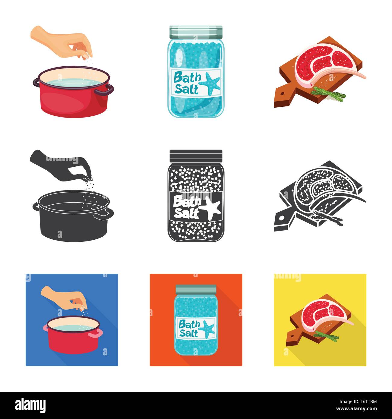 Kasserolle, Flasche, Fleisch, Wasser, salzig, Brett, Badewanne, arm, Spa, Restaurant, Gewürze, Vintage, Streuen, Pulver, weiß, Mehl, sauber, Container, Picknick, kochen, Meer, Natur, Backen, Salz, Nahrungsmittel-, Natrium-, Mineral, Raw, Küche, Set, Vector, Icon, Illustration, isoliert, Sammlung, Design, Element, Grafik, Zeichen, Vektor, Vektoren, Stock Vektor