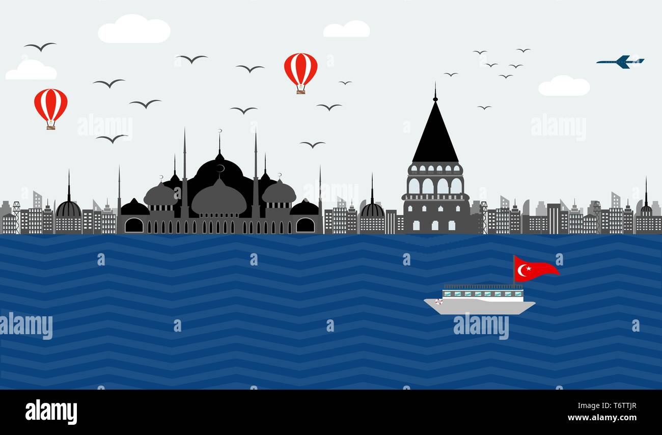 Vektor Schöne Aussicht auf den Damm der Türkei Istanbul die Blaue Moschee und der Galata Turm auf der Stadt mit Gebäuden und Architektur mit se Stock Vektor