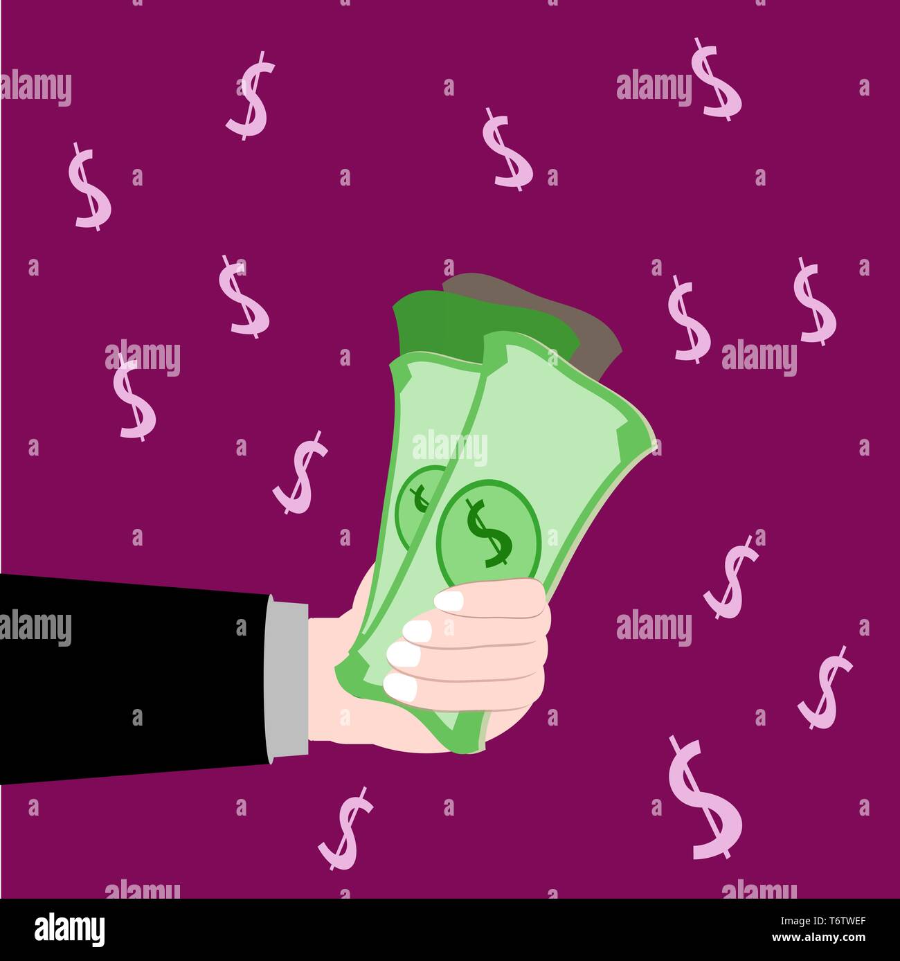 Vector Abbildung: Ein junger Mann im Anzug hält in seiner Hand Dollar Geld für Finanz und Wirtschaft auf einem violetten Hintergrund Stock Vektor