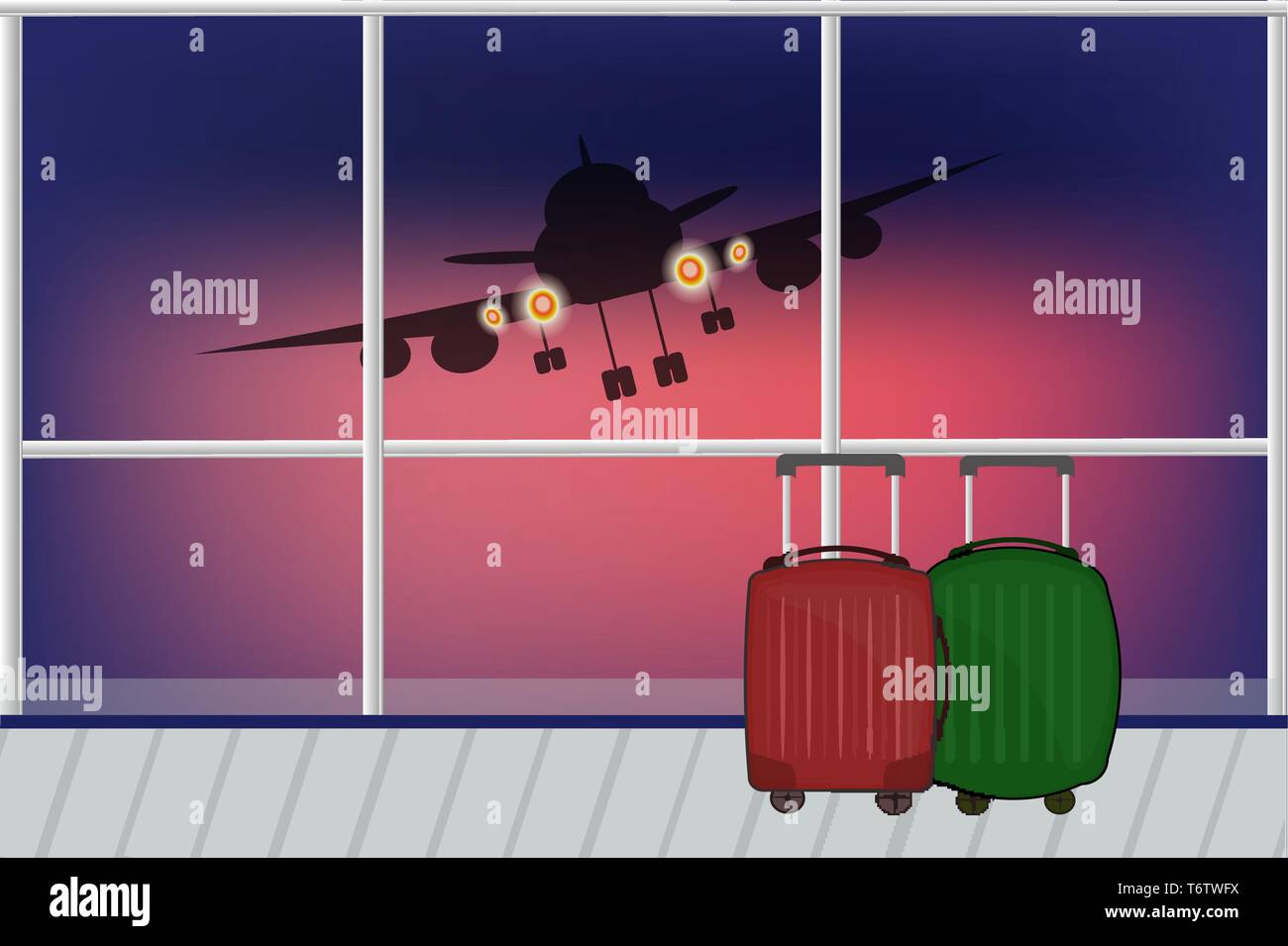 Vector Illustration Blick aus dem Fenster zum Flughafen auf der Landebahn mit einem fliegenden Flugzeug bei Sonnenuntergang oder -aufgang am Abend mit Koffer Rot und Grün für einen Stock Vektor