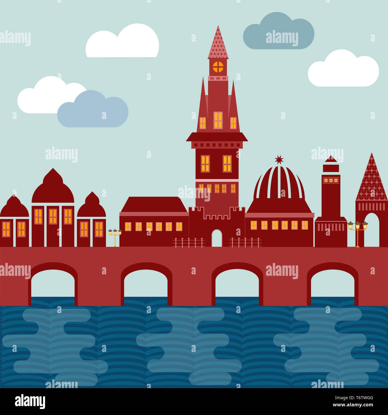 Vektor Stadt europäische an der Küste mit Brücke Häuser Turm von Kirche und Schloss von roter Farbe auf dem Hintergrund der Himmel mit Wolken Stock Vektor