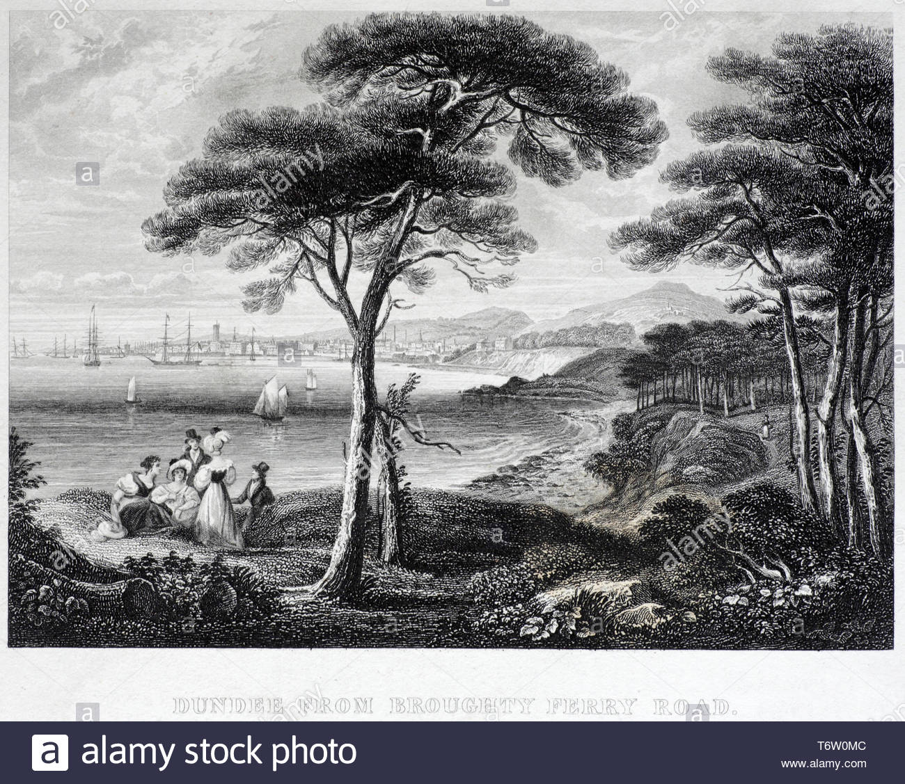 Anzeigen von Dundee in Schottland, von Broughty Ferry Road, antiken Gravur von 1843 Stockfoto