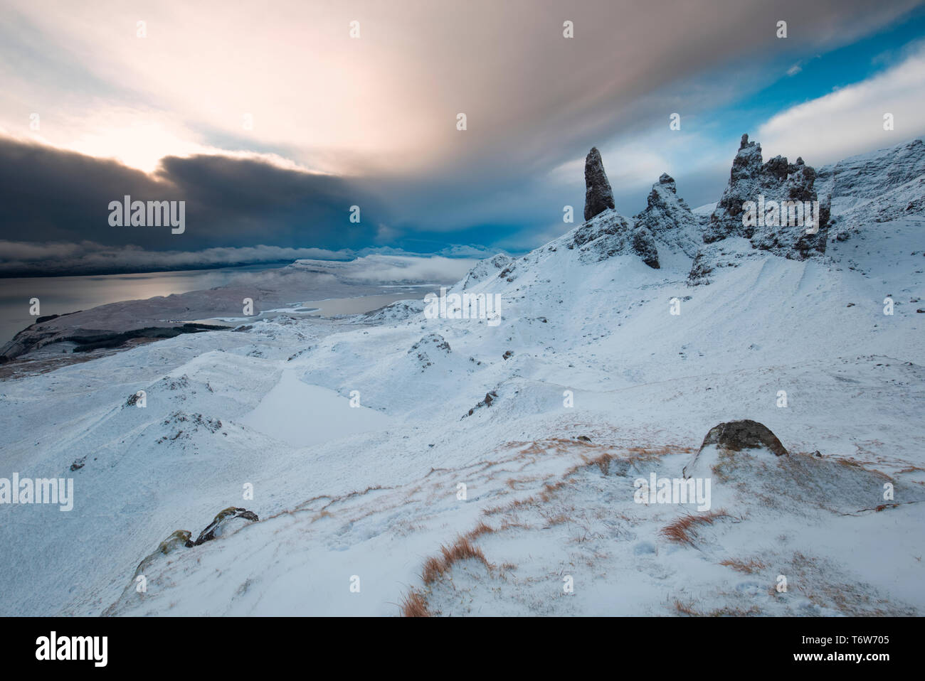 Alte Mann der Storr im Winter, Isle of Skye Stockfoto