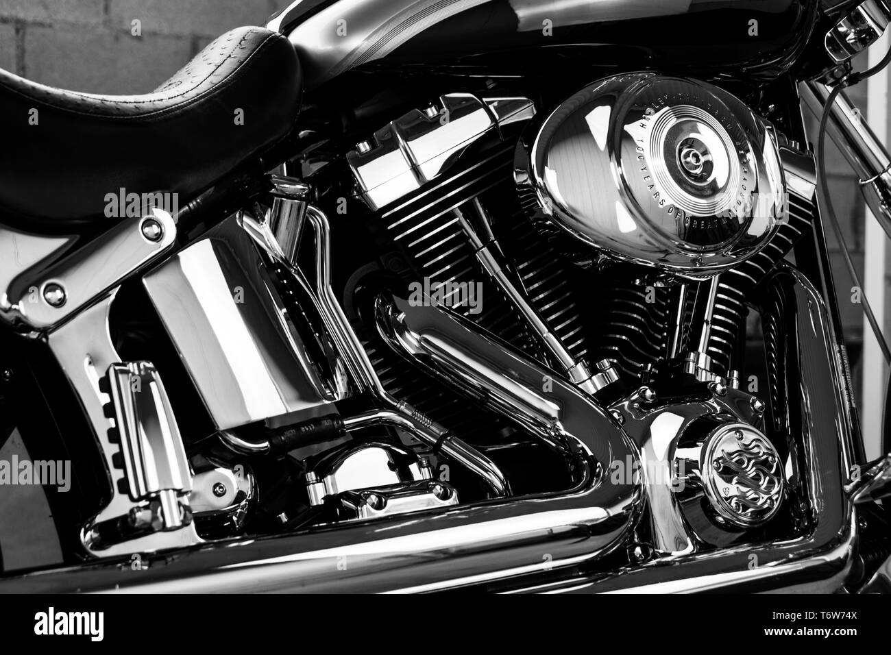 Harley Davidson Motorrad, Schwarz und Weiß. Stockfoto