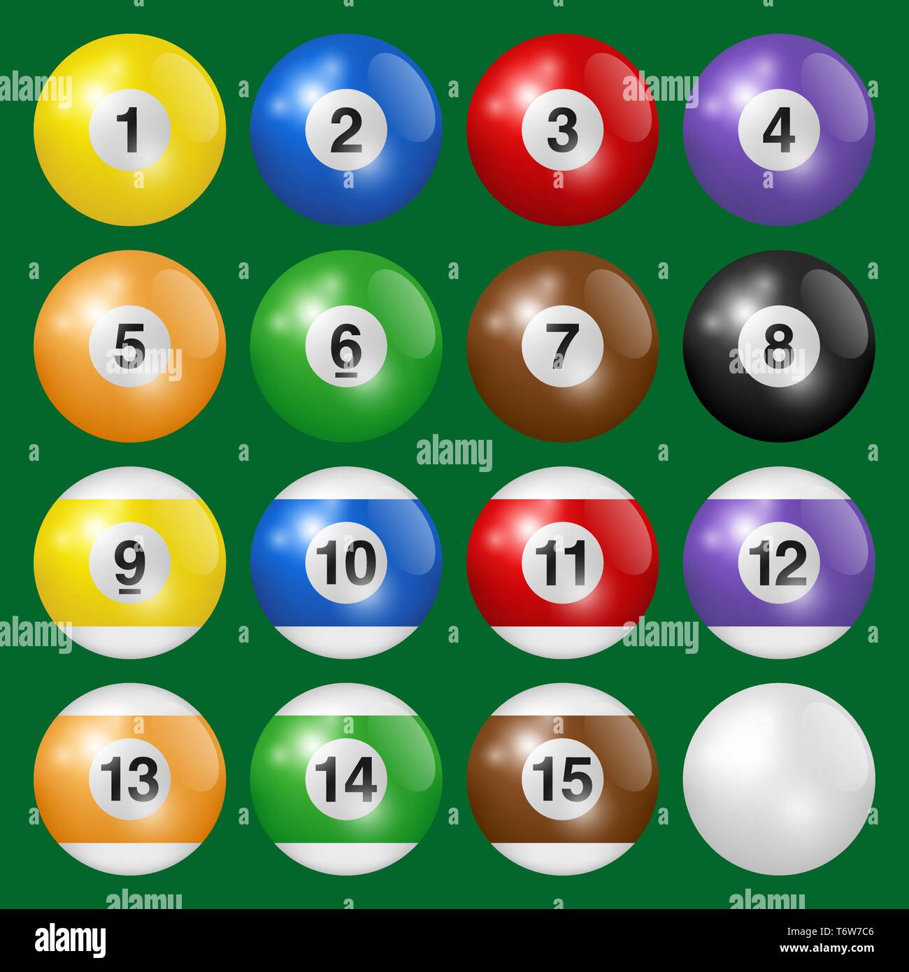 Billard, Pool und Snooker Kugeln Sammlung. Eingestellt von Billardkugeln auf grünem Hintergrund isoliert. Vector Illustration. Stock Vektor