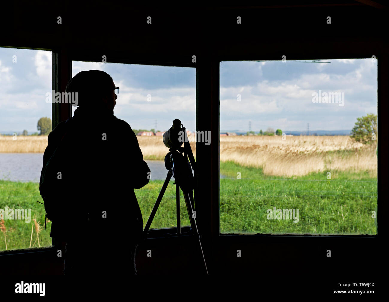 Vogel-Watcher in versteckten, blacktoft Sands, RSPB Nature Reserve, East Yorkshire, England, Großbritannien Stockfoto