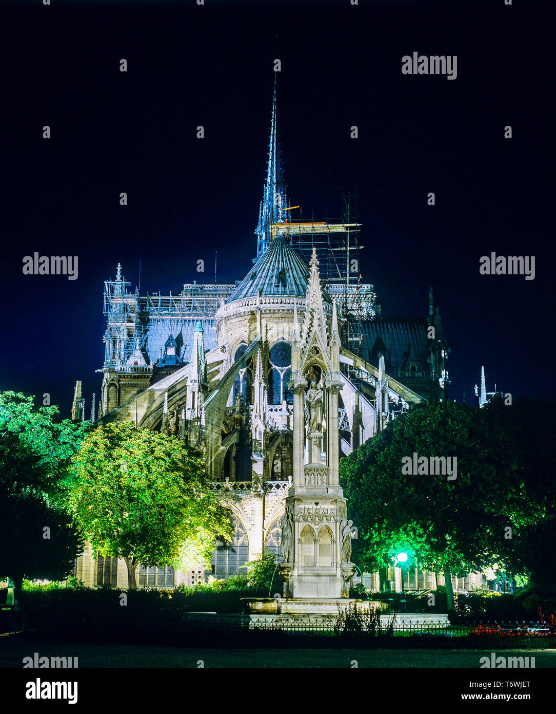 Die Kathedrale Notre-Dame de Paris vor dem Brand vom 15. April 2019, Brunnen der Jungfrau, beleuchtete Osten Fassade, Turm, Nacht, Paris, Frankreich, Europa, Stockfoto