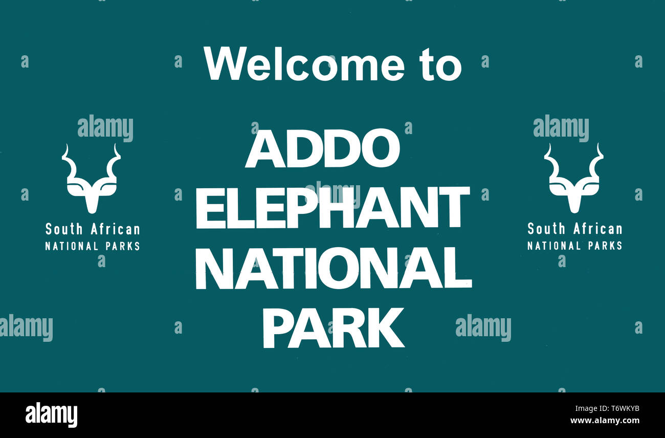 Eingangsschild zum Addo Elephant National Park, Port Elizabeth, Eastern Cape, Südafrika Stockfoto