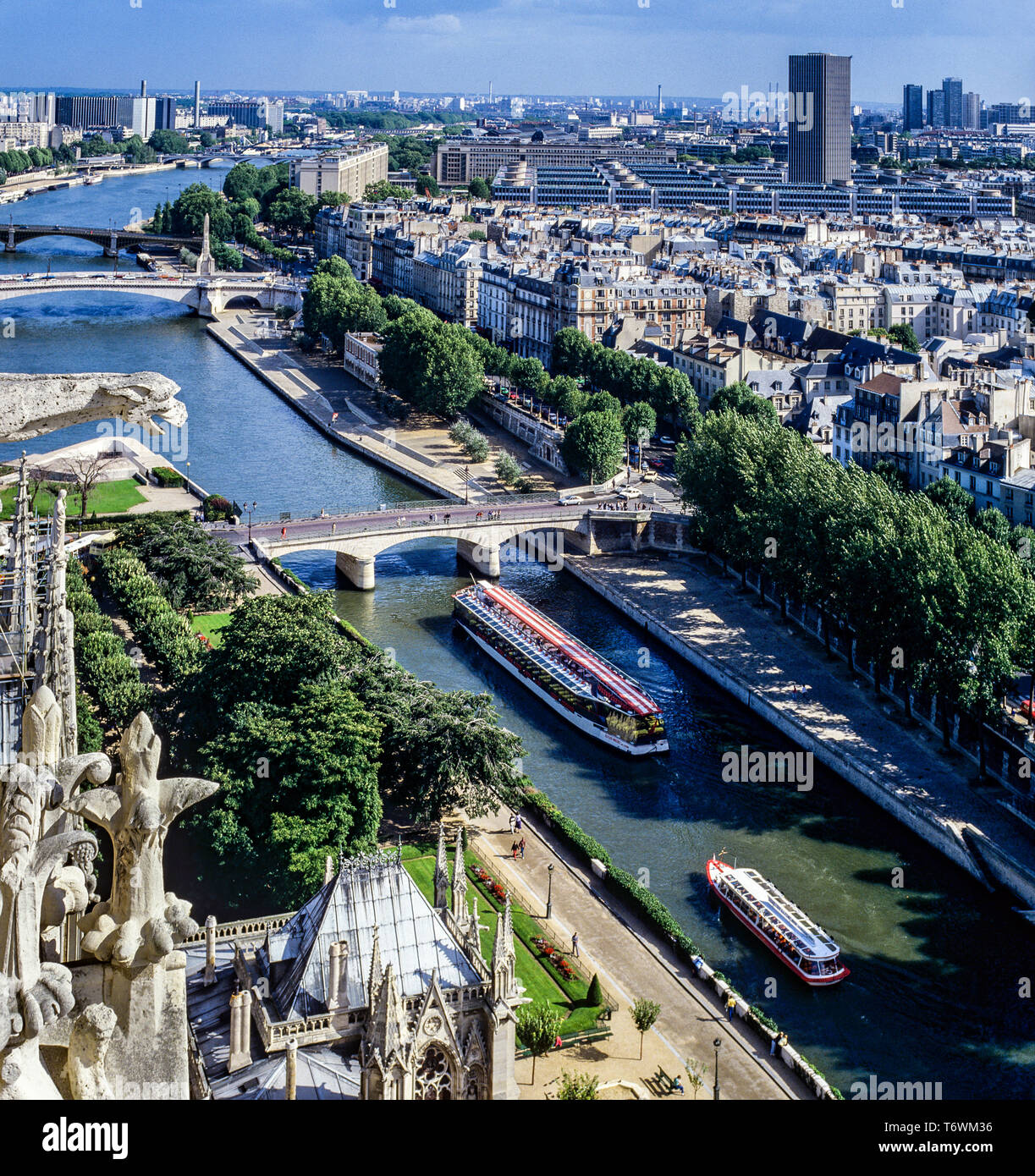 Übersicht von Notre-Dame de Paris Kathedrale, Bateaux Mouches Sightseeing Kreuzfahrt Fluss Seine Boote, Brücken, Paris, Frankreich, Europa, Stockfoto