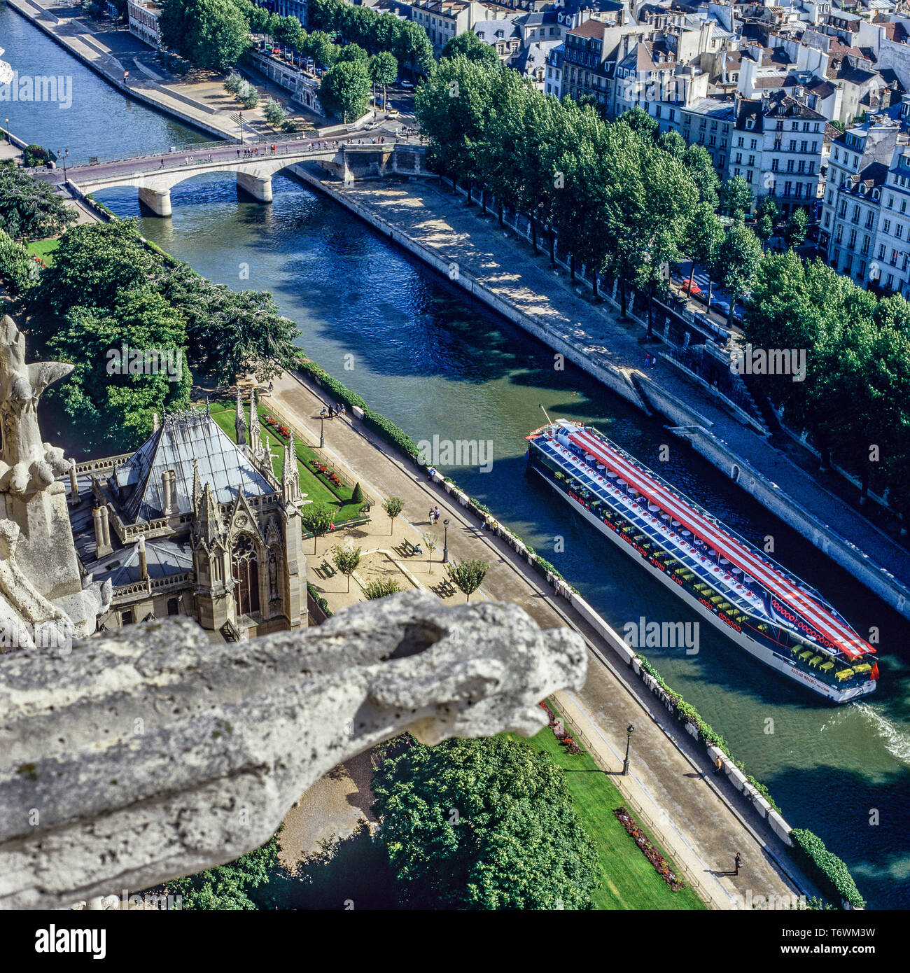 Übersicht von Notre-Dame de Paris Kathedrale, Bateau Mouche sightseeing Seine Bootsfahrt, Brücke, Paris, Frankreich, Europa, Stockfoto