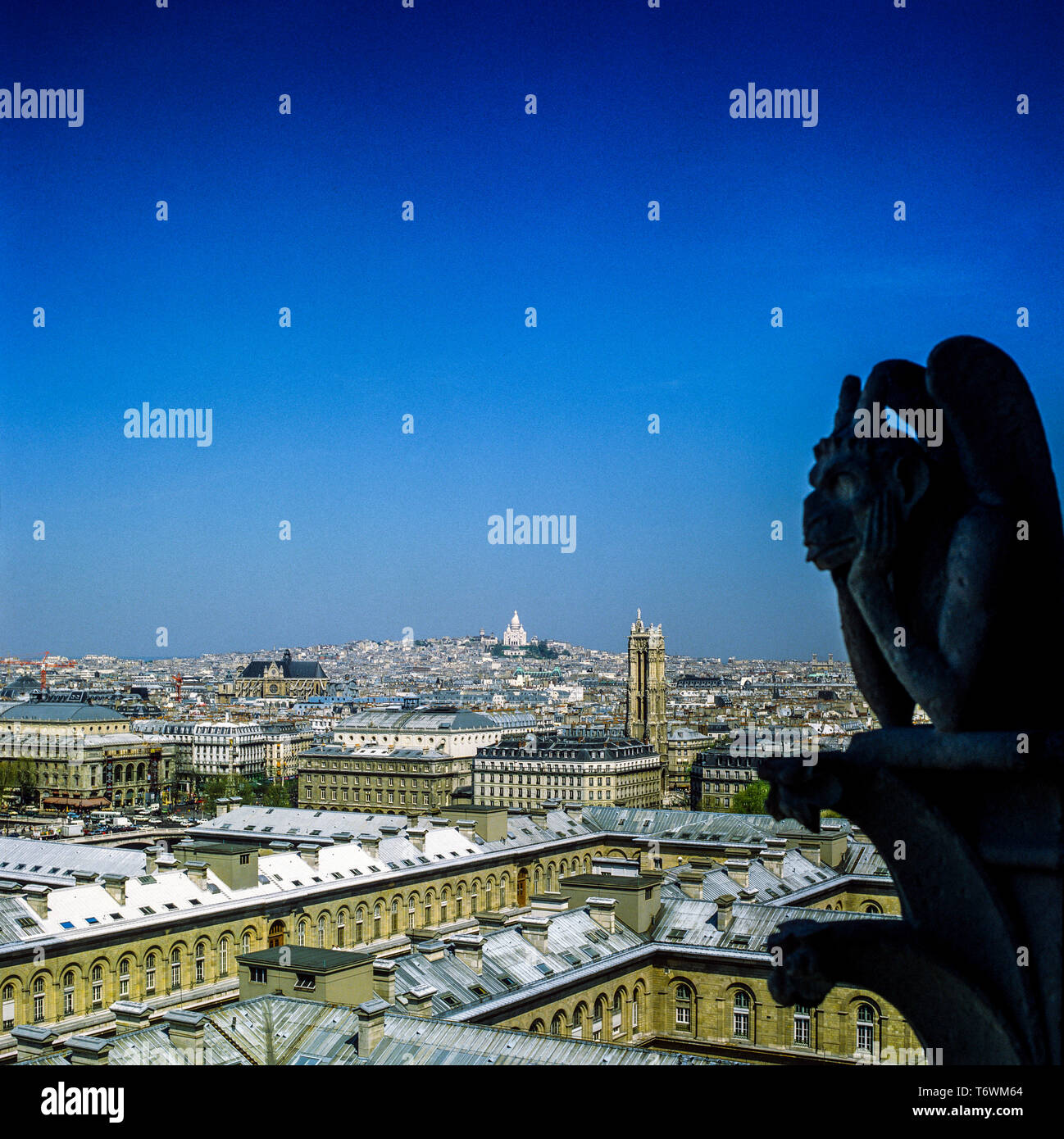 Silhouette von Chimera La Stryge Statue, Strix Chimera an der Stadt, Türme der Kathedrale Notre-Dame de Paris Galerie, Paris, Frankreich, Europa, Stockfoto