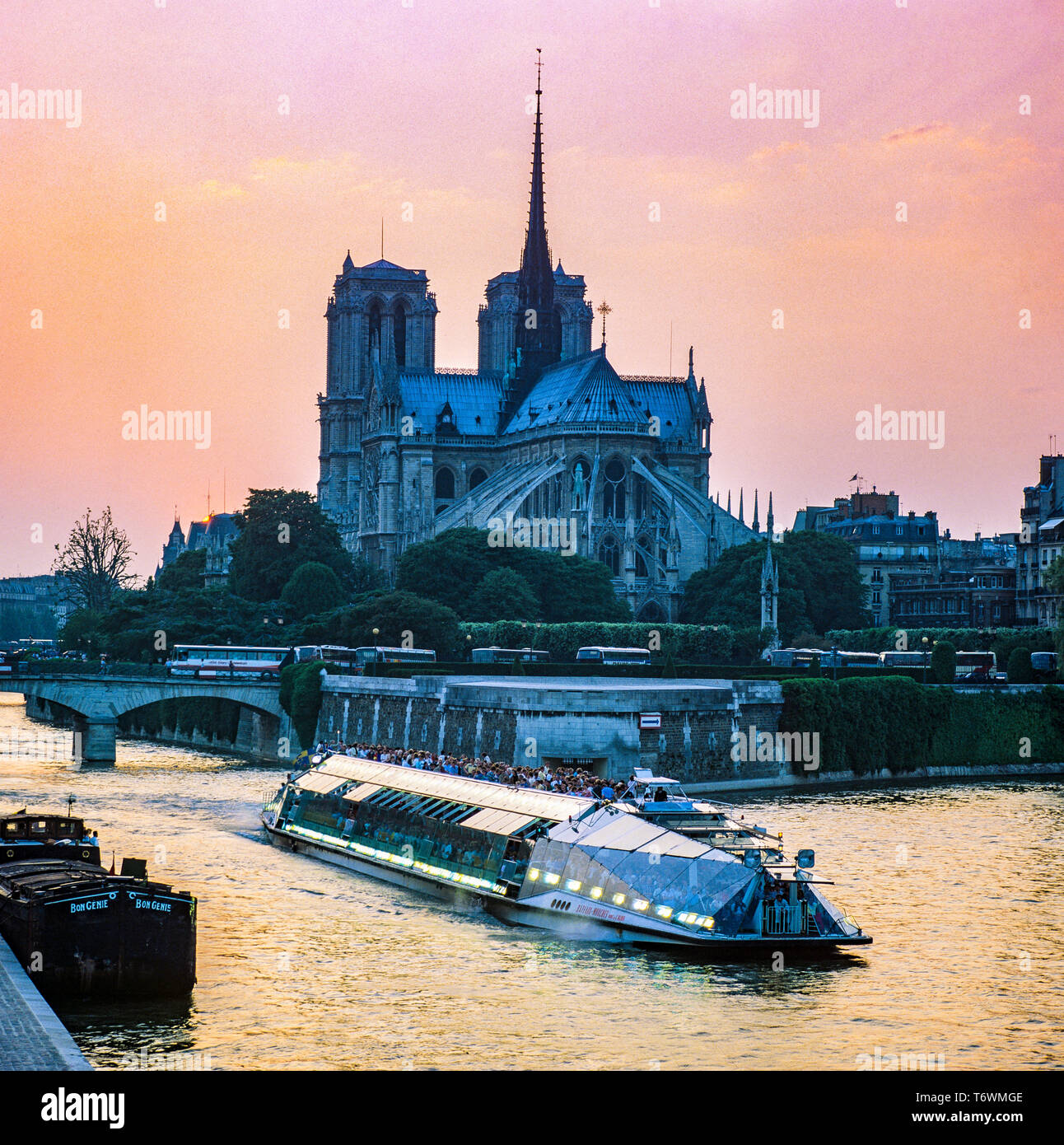 Seine bei Sonnenuntergang, Sightseeing Kreuzfahrt Schiff, Kathedrale Notre-Dame de Paris vor dem Brand vom 15. April 2019, angelegter Lastkahn, Paris, Frankreich, Europa, Stockfoto