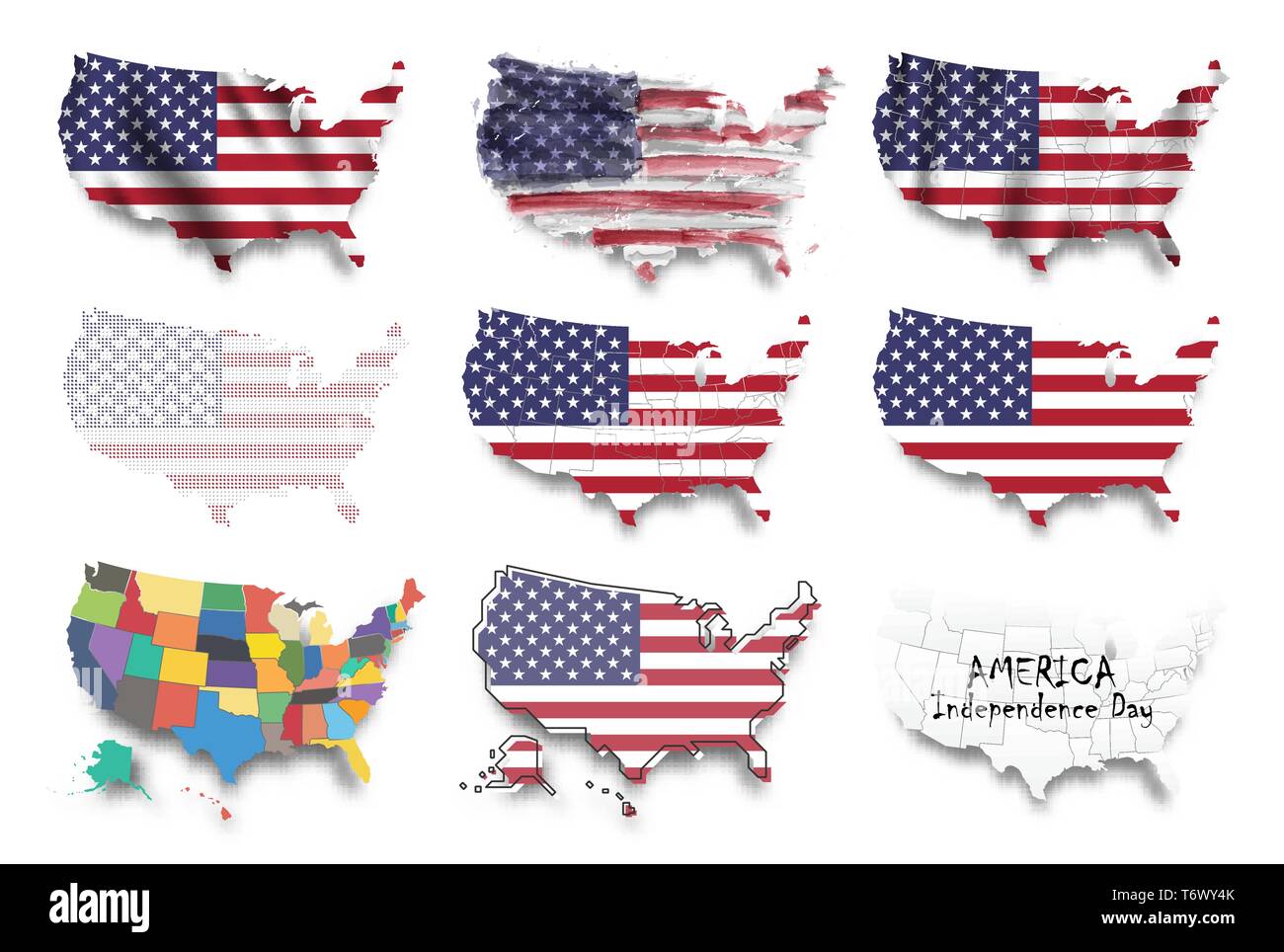 Vereinigte Staaten von Amerika Karte und Flags gesetzt. Mehrere grafische Gestaltung wie winken, Aquarell Malerei, gepunktete Stil, etc. Tag der Unabhängigkeit conc Stock Vektor