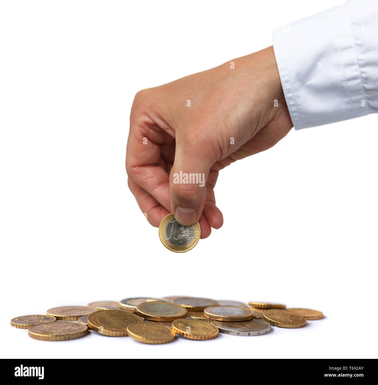 Geste Serie, Hand hält Münze, Euro Stockfoto