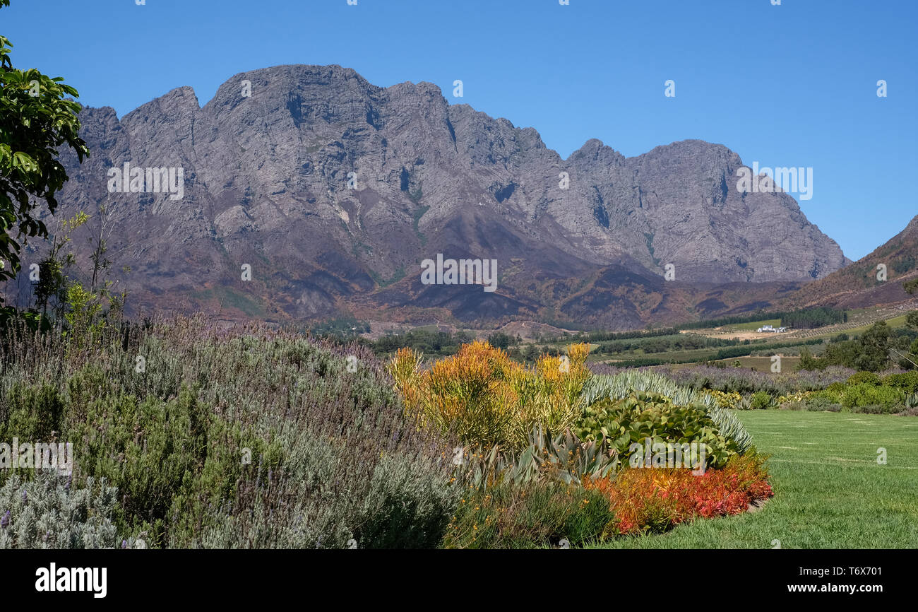 Foto der Franschhoek Valley vom Mont Rochelle Wine Estate, Südafrika, im Besitz von Richard Branson. Stockfoto