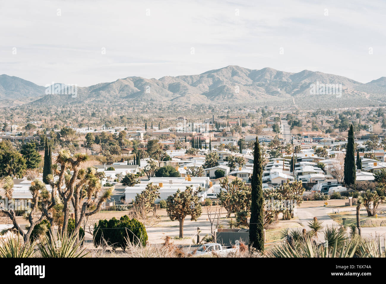 Blick auf die Wüste Stadt von Yucca Valley, Kalifornien Stockfoto