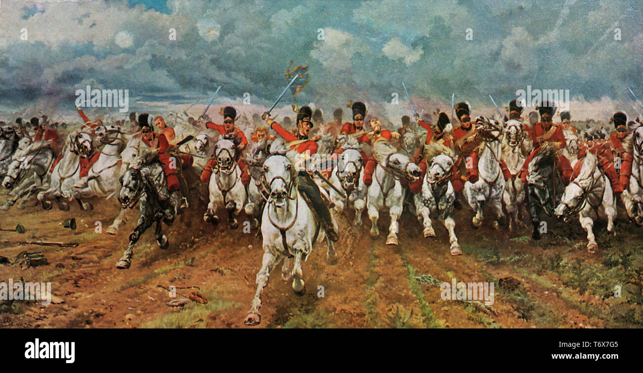 Schottland Für Immer! 1881. Von Elizabeth Southerden Thompson, Lady Butler (1846-1933). Dieses Gemälde zeigt den Beginn des Angriffs des königlichen Schotten-Grauen, eines britischen Kavallerie-Regiments, das sich 1815 an der Seite der britischen schweren Kavallerie in der Schlacht von Waterloo erhob. Stockfoto