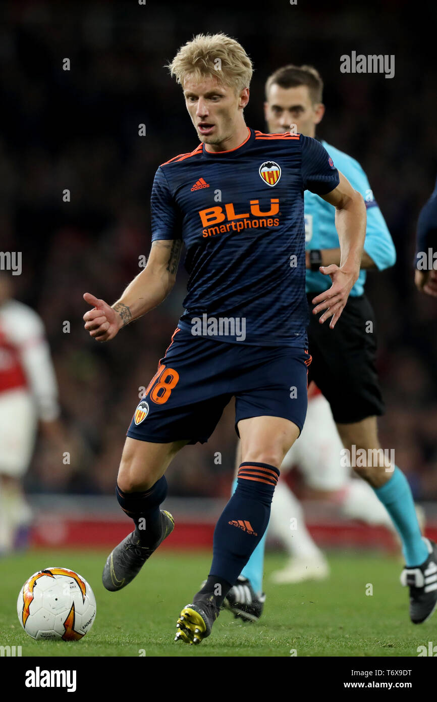 Emirates Stadium, London, UK. Zum 2. Mai, 2019. UEFA Europa League Fußball, Halbfinale 1 Bein; Arsenal gegen Valencia; Daniel Wass von Valencia Credit: Aktion plus Sport/Alamy leben Nachrichten Stockfoto