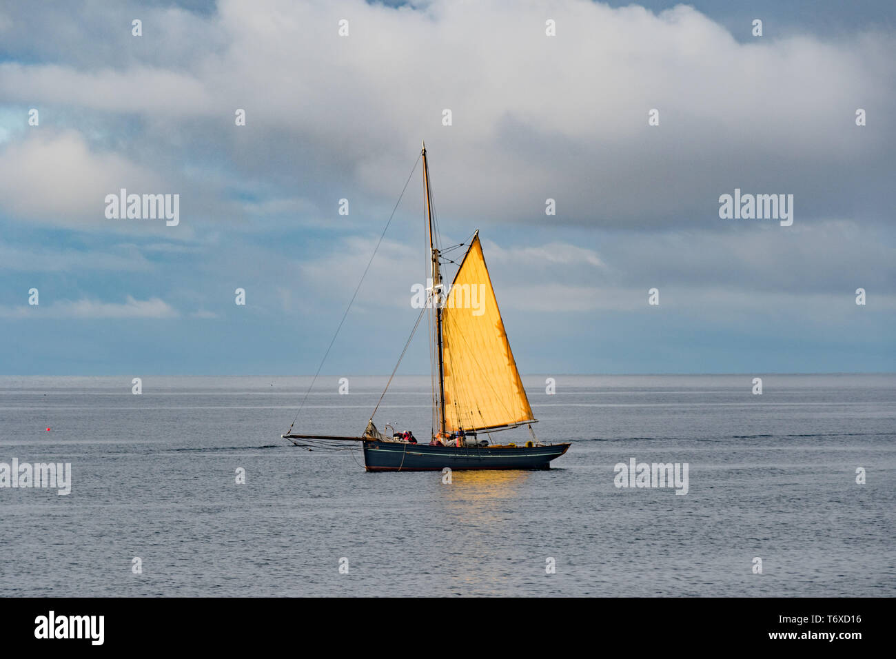 Fowey, Cornwall, UK. 3. Mai 2019. UK Wetter. Es war ein Cooler Start in den Tag, aber die Sonne bald heraus kam und brachte einen warmen Glanz auf das Segel auf diese traditionelle Boot das Wiegen war Anker vor der Küste bei mousehole am frühen Morgen. Kredit Simon Maycock/Alamy Leben Nachrichten. Stockfoto