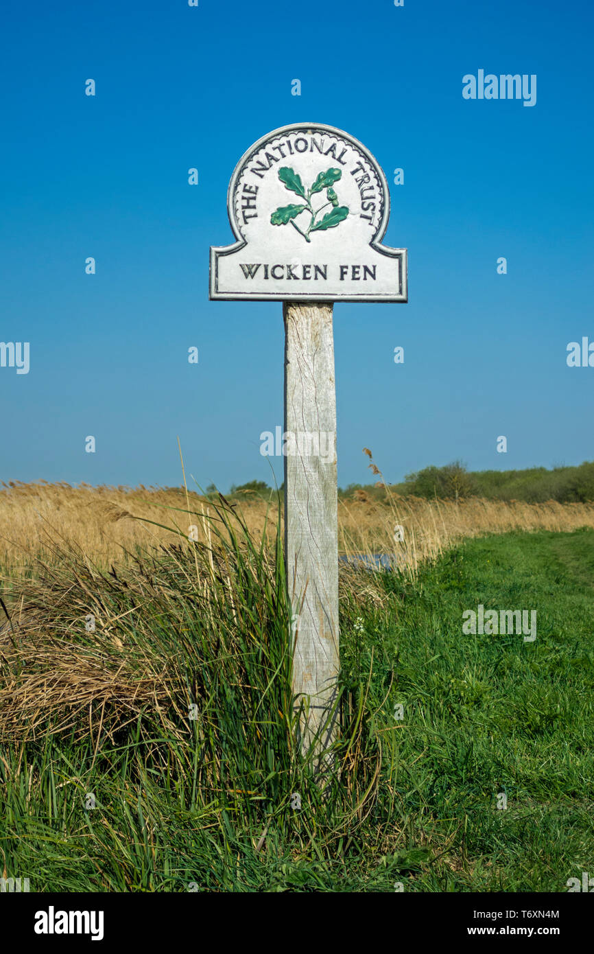 Wicken Fen Zeichen am Rande des Naturschutzgebietes, in der Nähe von Upware, Cambridgeshire, England, Großbritannien Stockfoto