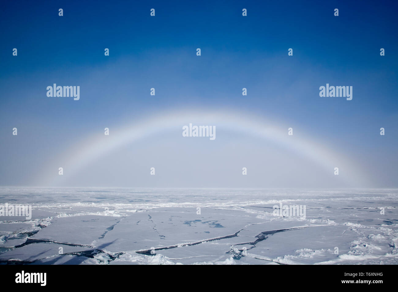 Nebel Bogen in den Arktischen Ozean. Dies ist vergleichbar mit einem Regenbogen, aber wegen der geringen Größe der Wassertropfen, der Nebel, die Nebel Bogen hat keine Farben Stockfoto
