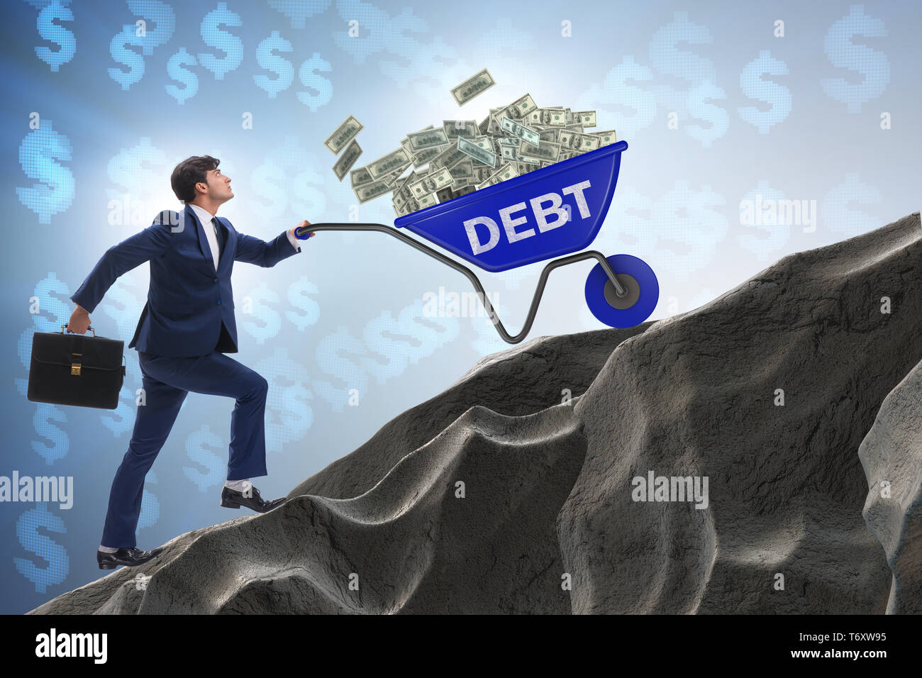 Geschäftsmann Schubkarre bergauf Schieben in Schulden Darlehen Konzept Stockfoto