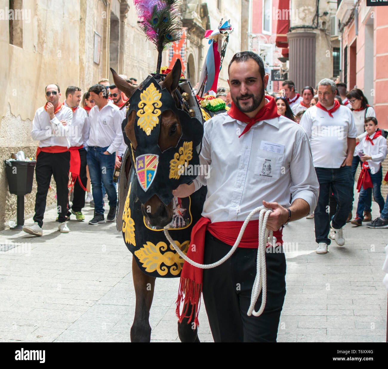 Caravaca de la Cruz, Spanien, Mai 2, 2019: Pferde vorgeführt bei Caballos Del Vino, Caravaca. Spanische feiern Wein Pferde, Caballo del Vino. Stockfoto