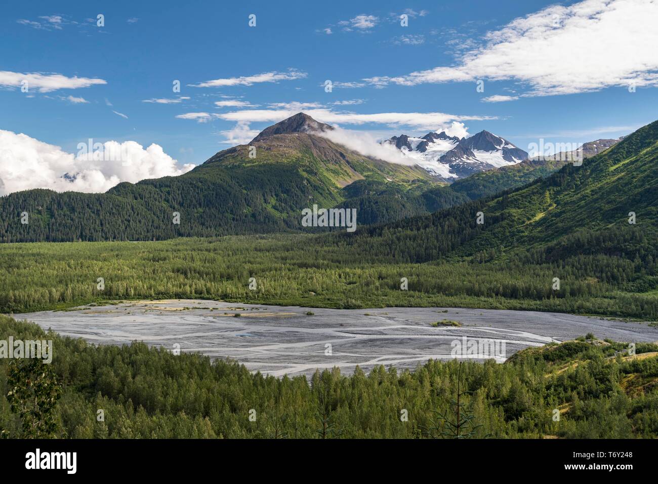 Blick in den Kenai Fjords National Park, breites Flussbett und Berge, Alaska, USA Stockfoto