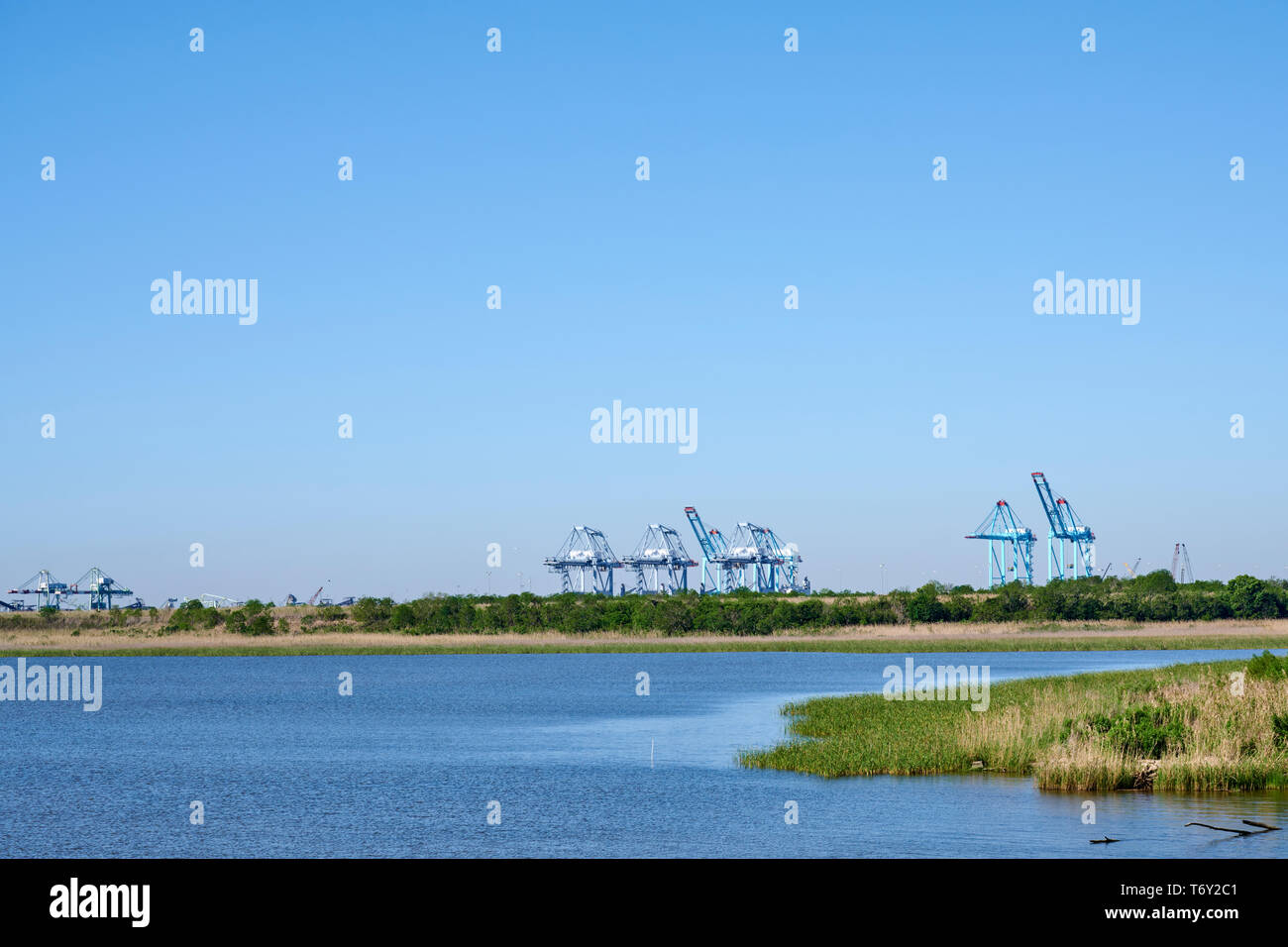 Pinto Insel Terminal, ein Containerschiff be- und entladen Dock, mit großen Kränen auf Mobile Bay in Mobile Alabama, USA. Stockfoto