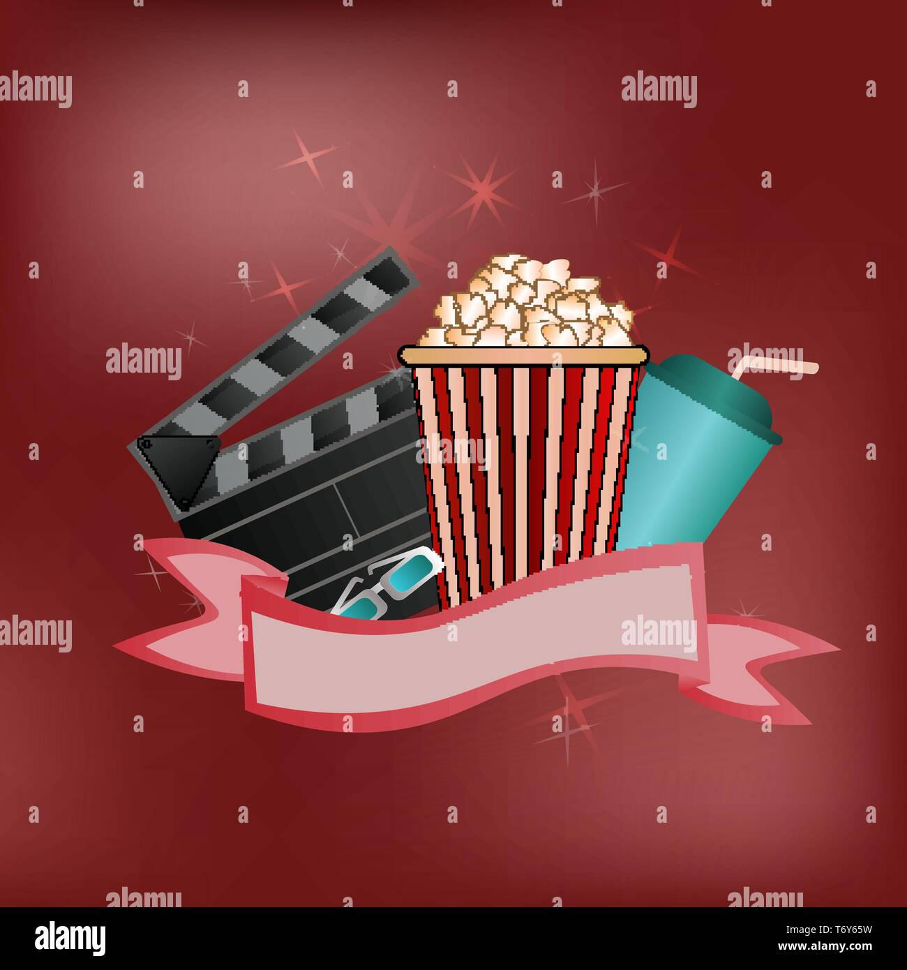 Vektor Plakat für Werbung, Kino oder Film auf einem roten Hintergrund mit Popcorn, Getränke Gläser 3d und stop Frame Stock Vektor